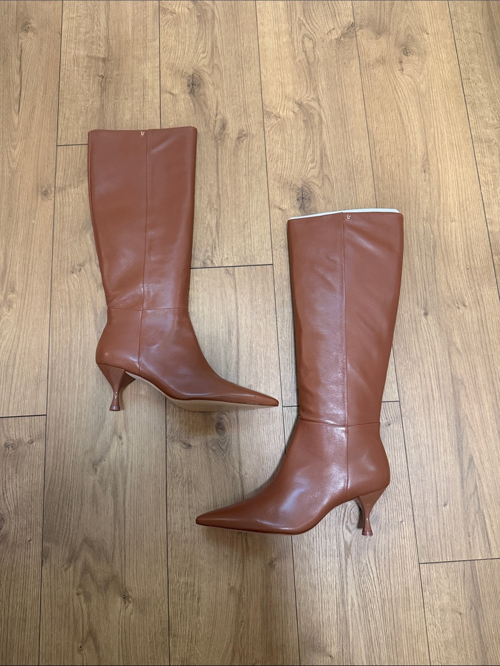 Larroude Knee-High Pointed Toe Leather Boots in Chestnut NWT